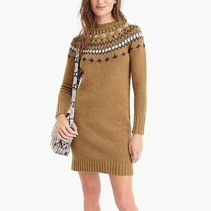 NWT J. Crew Fair Isle Jewel Embellished Sweater Dress in Caramel Brown